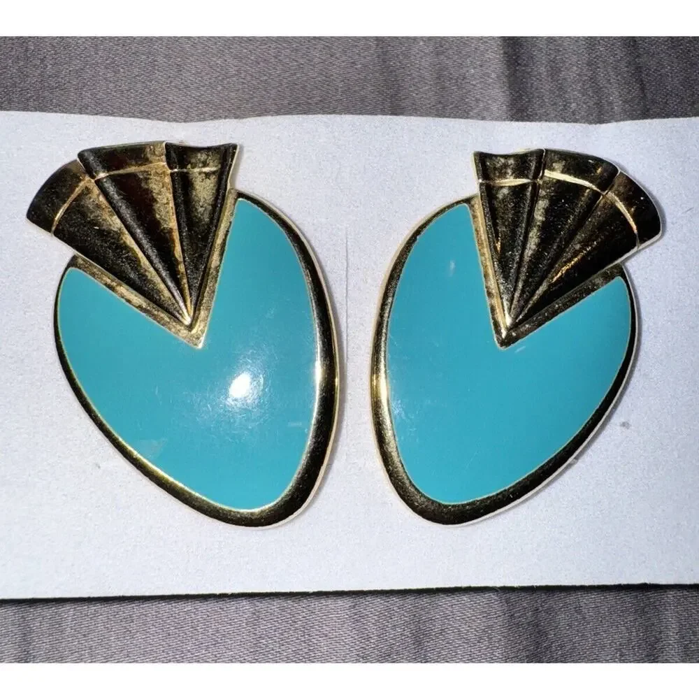 EARRINGS VTG 1980's Art Deco Turquoise Enamel 1.5